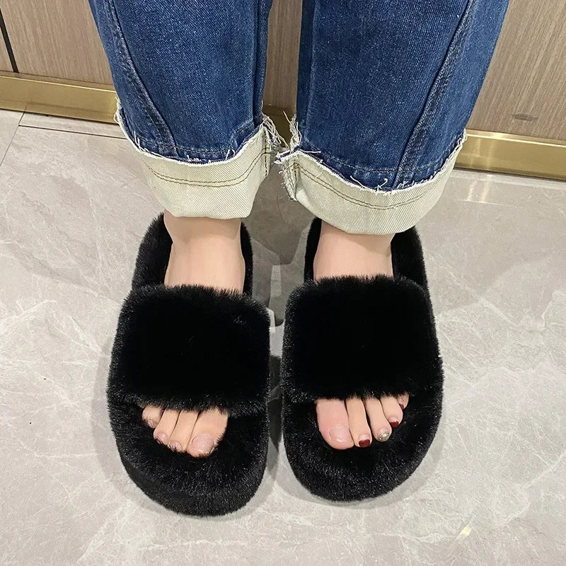 Women's Fluffy Platform Slides – Luxury Plush Fur Slippers Platform Fur Slippers Axl