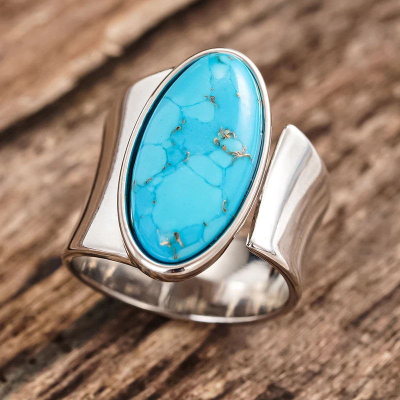 Huitan Bohemia Oval Blue Turquoise Adjustable Ring – Women Fashion Ring Axl