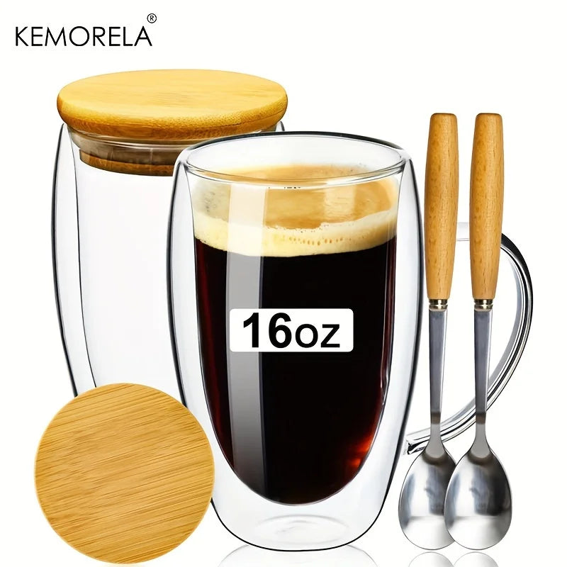 Double Wall Glass Coffee Mugs Set of 2 with Lid & Spoon | KEMORELA Glass Coffee Mug Set Axl