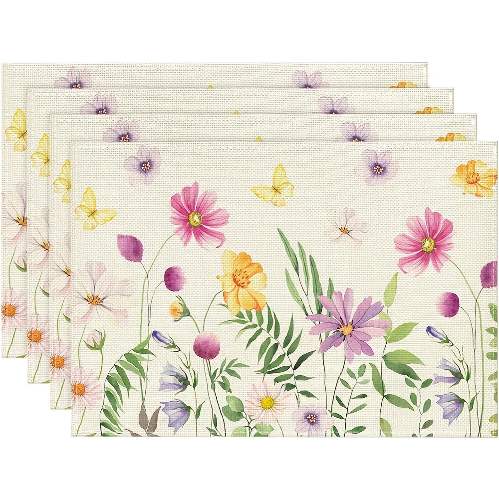 4-Pack Watercolor Wildflower Linen Placemats | Floral & Butterfly Linen Placemats Axl