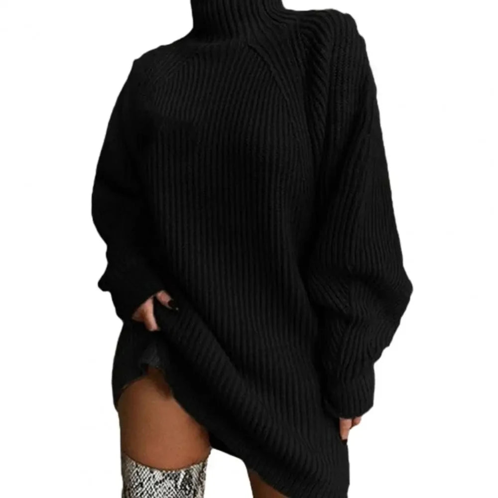 Women's Turtleneck Cable Knit Sweater Dress | Long Sleeve Knit Sweater Dress Axl Black S