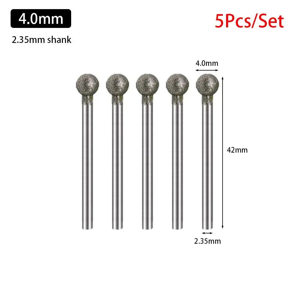 5-Pc Diamond Spherical Burr Set – 2.35mm Shank, 0.5–8mm Diamond Grinding Burr Axl 4.0mm