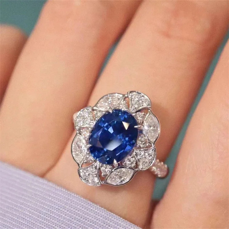 Huitan Oval Blue Cubic Zirconia Ring – Women's Elegant Band Fashion Ring Axl