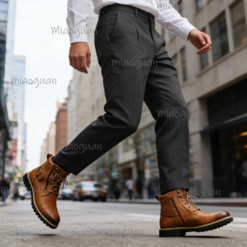 Men's Retro Leather Ankle Boots – Double Zipper Motorcycle Style Men's Ankle Boots Axl