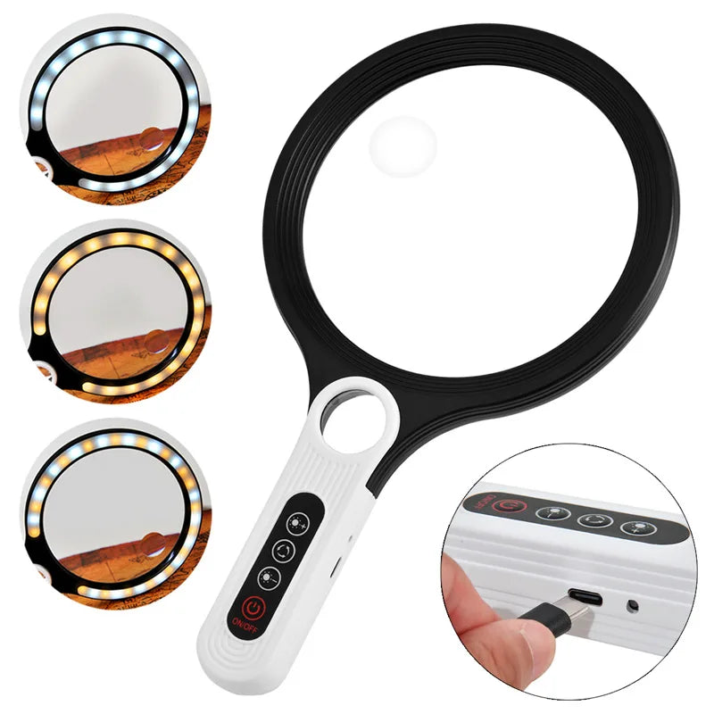 135mm LED Handheld Magnifying Glass – Tri-Color, 5–10x Zoom LED Magnifying Glass Axl Charging model