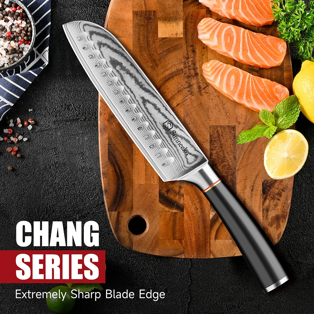 Sunnecko 7" Damascus Santoku Knife – 67-Layer VG10 Steel Damascus Santoku Knife Axl