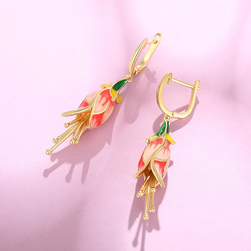 Huitan Pink Tulip Enamel Drop Earrings | Women's Fashion Jewelry Enamel Drop Earrings Axl