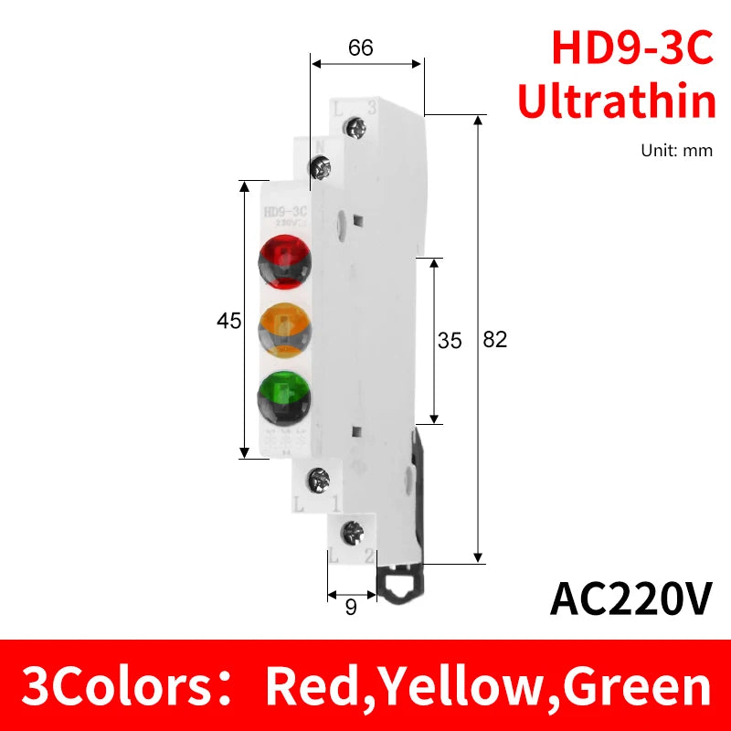 HD9 DIN Rail LED Signal Indicator Light 9mm 18mm 220V – 4 Colors LED Indicator Light Axl 3C-Red-Yellow-Green