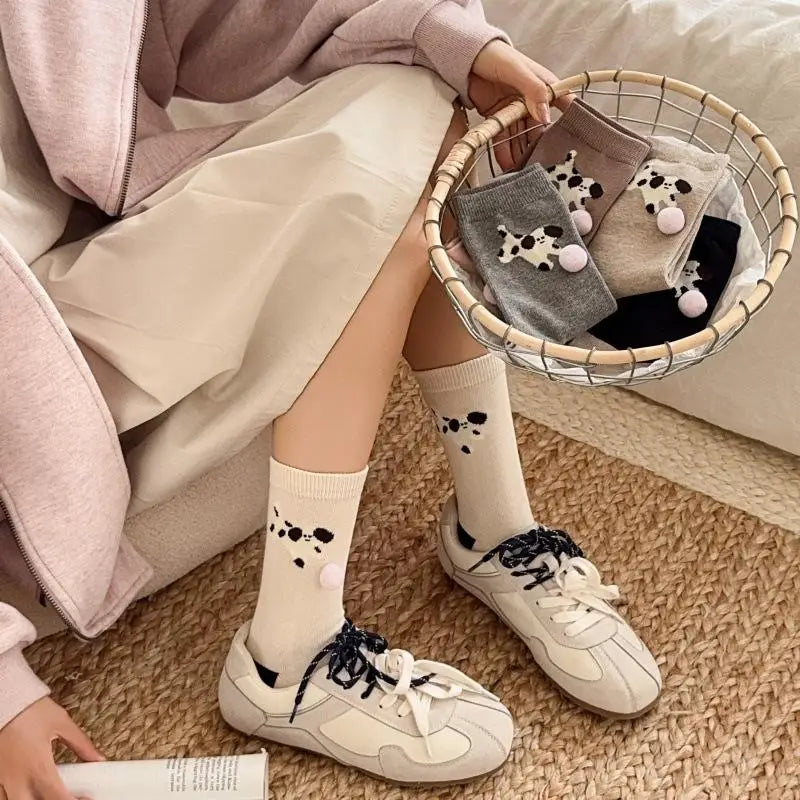 Cute Women's Puppy Socks – Animal Print Cotton Mid-Tube & Fur Ball Novelty Women's Socks Axl