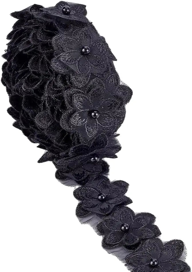 Pearl Trim Organza Lace Ribbon 4 Yds – 3D Floral Applique Black Lace Ribbon Trim Axl AECH04-14658