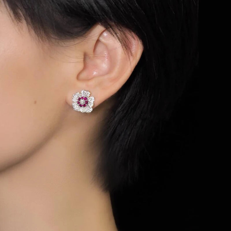 Huitan Red Flower Stud Earrings – Cubic Zirconia Women's Studs Stud Earrings Axl
