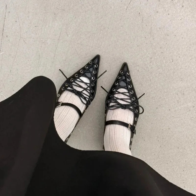 Women's Retro Pointed Toe Lace-Up Pumps | Rivet Buckle Heels Women's Pumps Axl