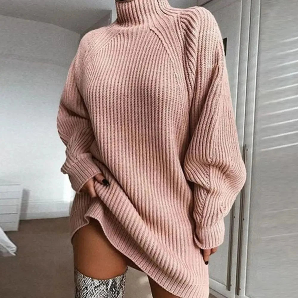 Women's Turtleneck Cable Knit Sweater Dress | Long Sleeve Knit Sweater Dress Axl Pink XXL