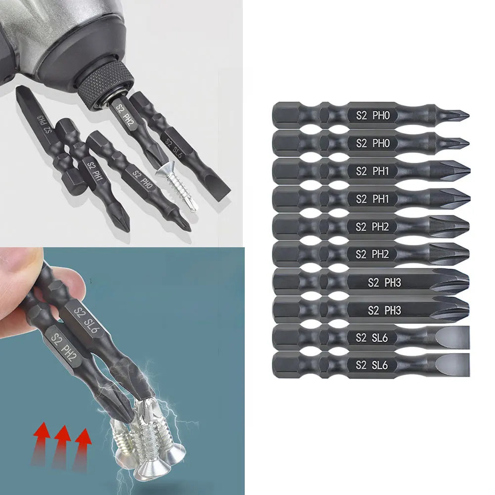 10-Pack 50mm Magnetic Screwdriver Bits – Alloy Steel 1/4" Hex Screwdriver Bit Set Axl