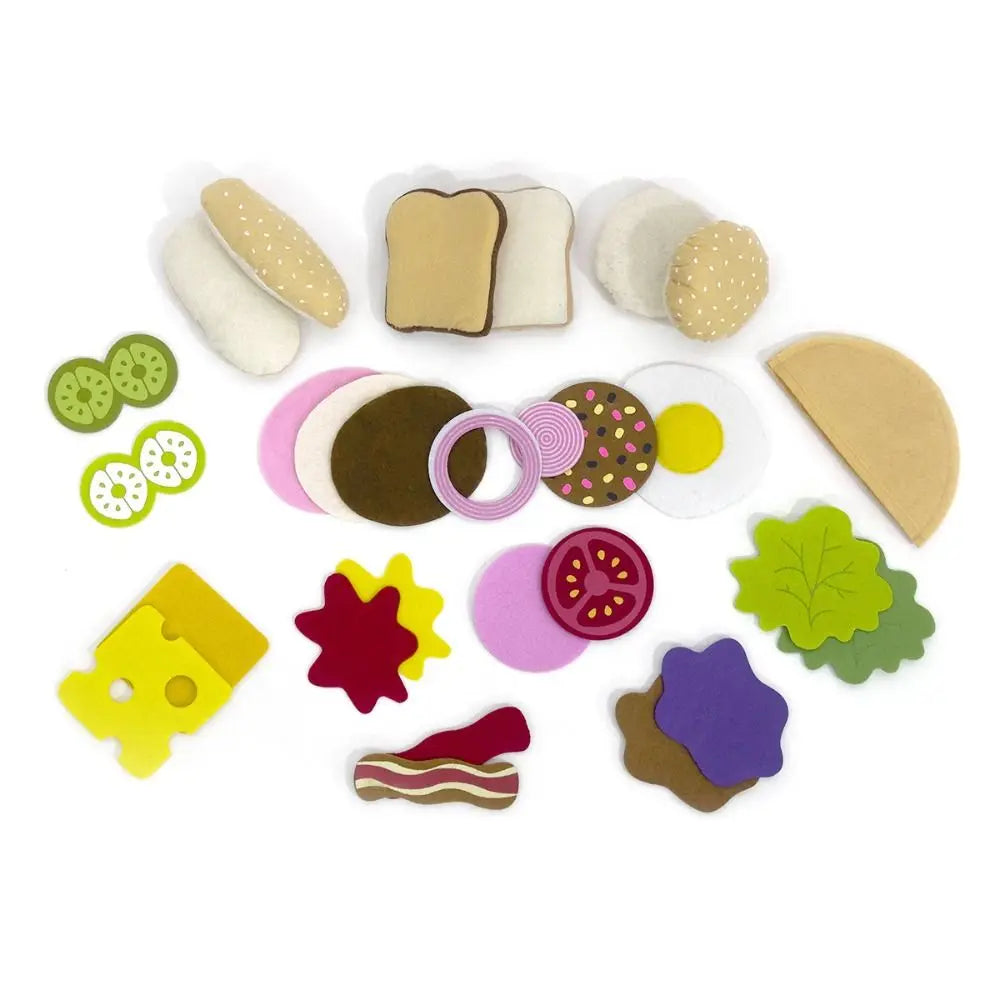 28-Piece Felt Food Play Set – Kids Burger & Sandwich Toy Pretend Play Food Set Axl