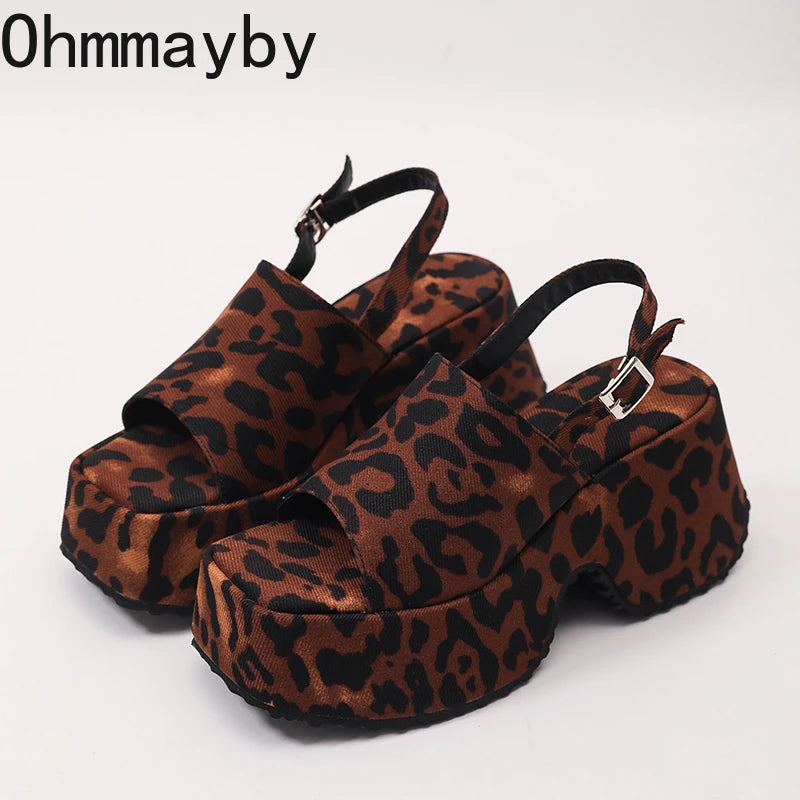 Women's Leopard Platform Wedge Sandals Open Toe Buckle Heels Platform Wedge Sandals Axl