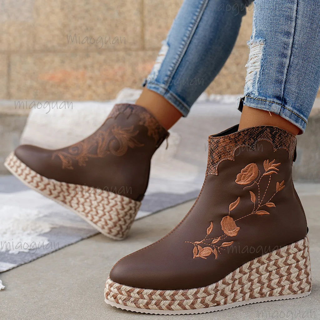 Women's Embroidery Wedge Ankle Boots | Retro Ethnic Platform Wedge Ankle Boots Axl