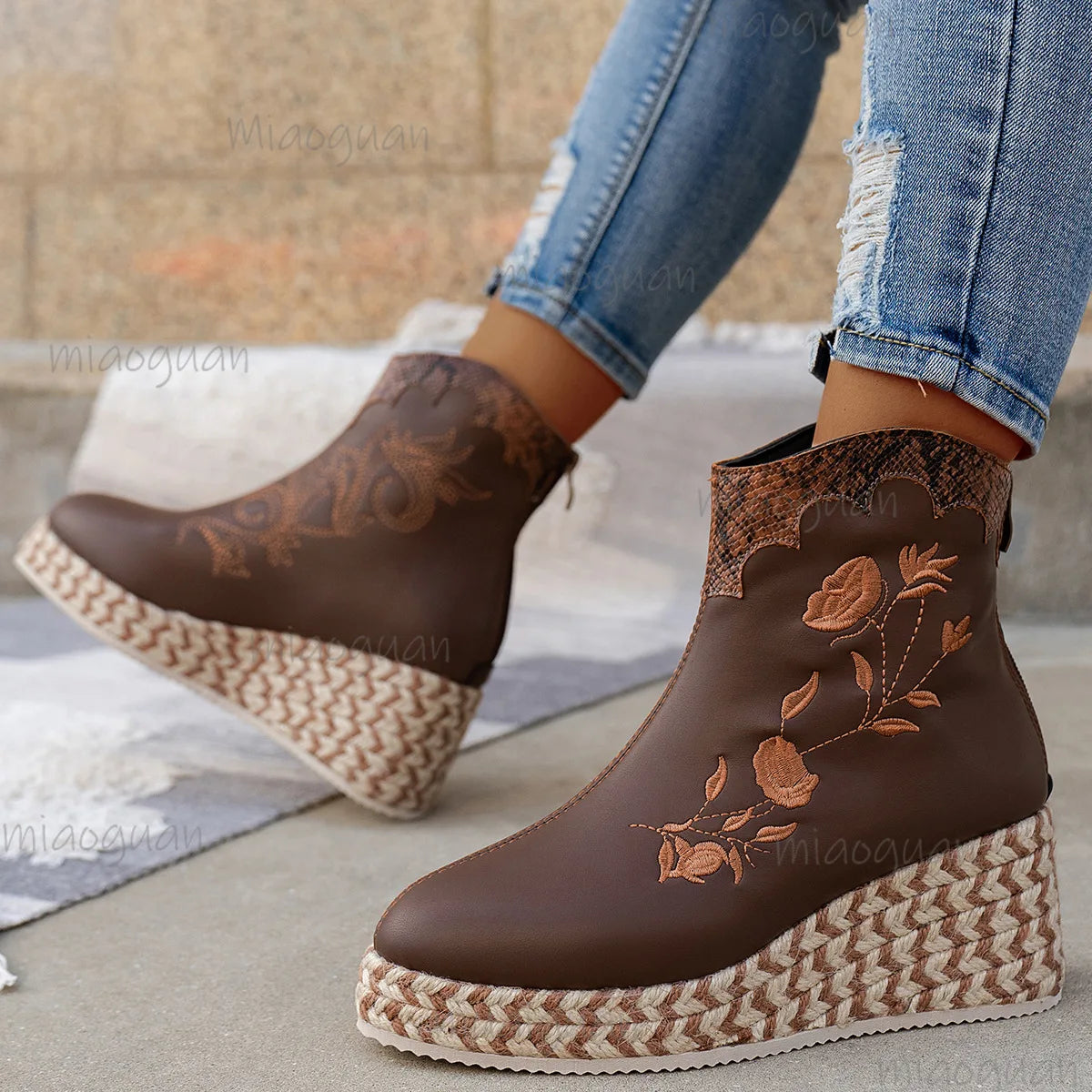 Women's Embroidery Wedge Ankle Boots | Retro Ethnic Platform Wedge Ankle Boots Axl