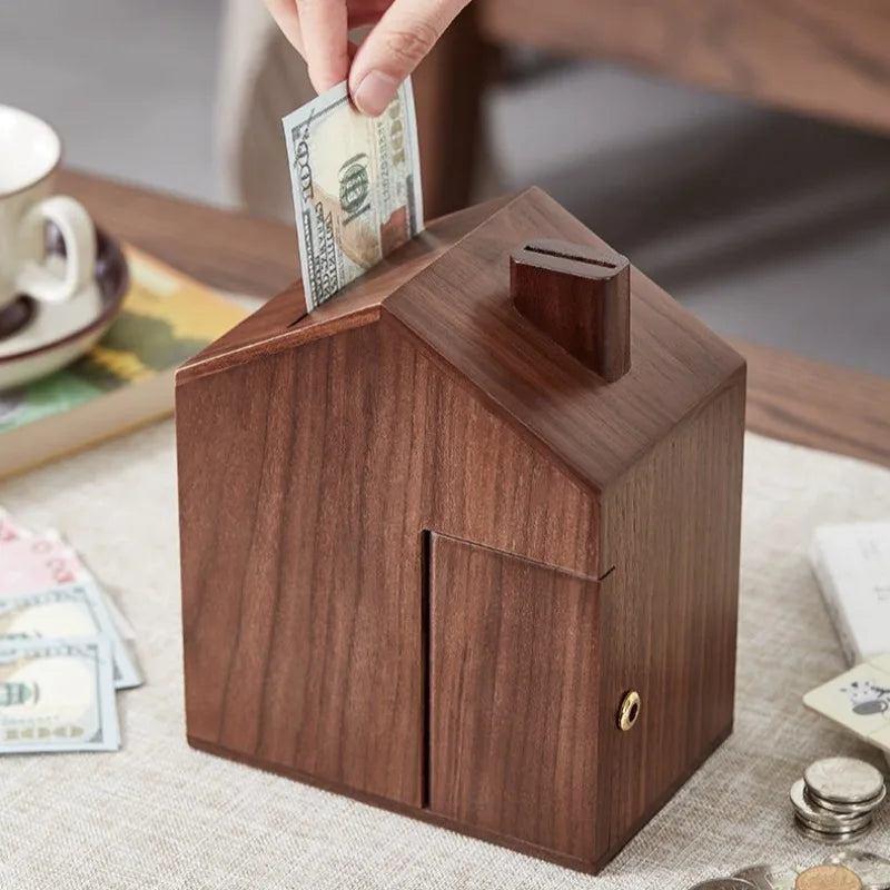 Wooden Piggy Bank with Lock – House-Shaped Money Box Wooden Money Box Axl