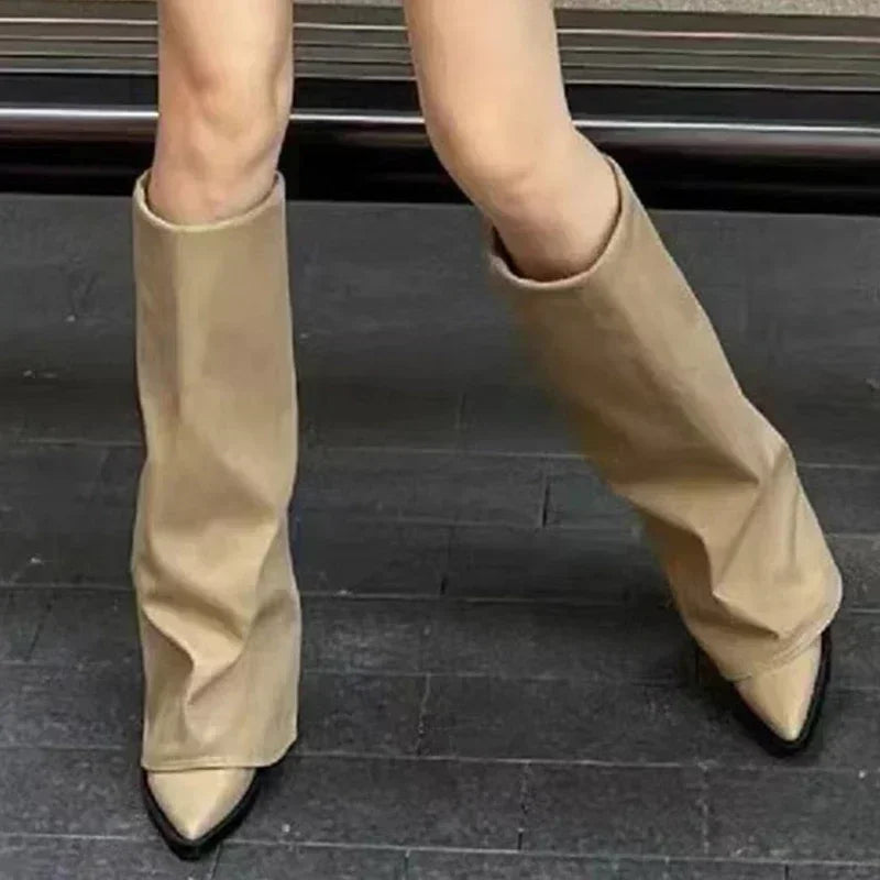 Women's Knee-High Chunky Heel Boots – Pointed Toe Platform Knee-High Boots Axl