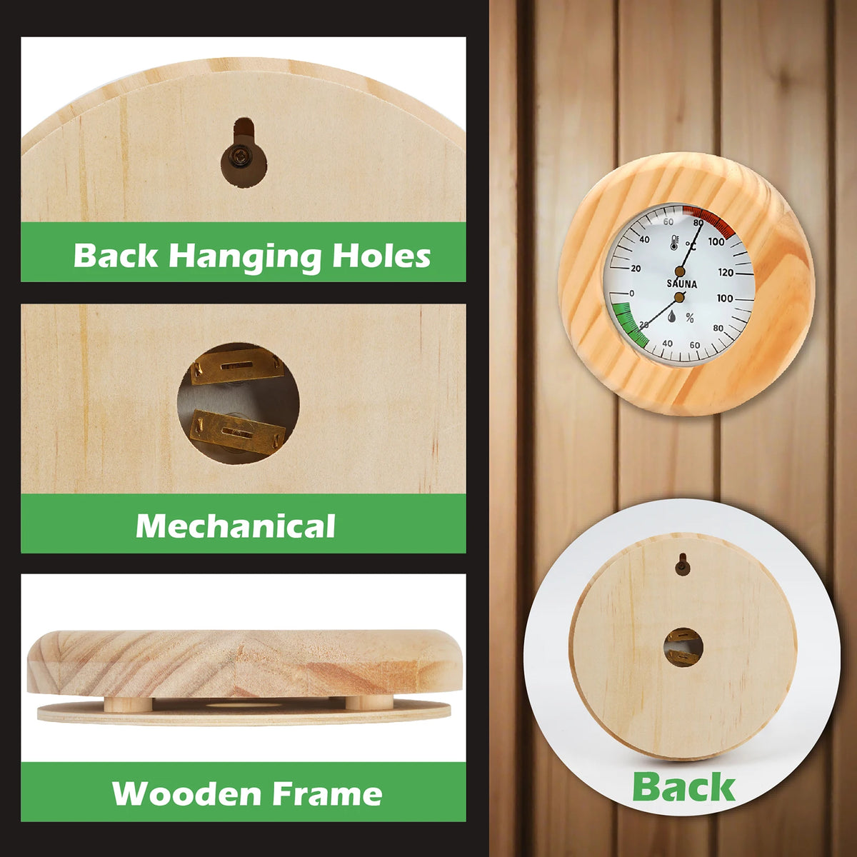 2-in-1 Wooden Sauna Thermometer & Hygrometer | Round Dial Sauna Thermometer Hygrometer Axl