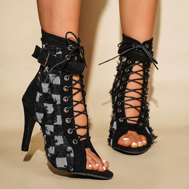 Women's Stiletto Peep Toe Ankle Boots – Checkered Summer Stiletto Ankle Boots Axl