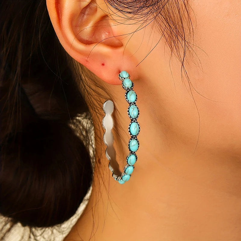 Huitan Large Hoop Earrings Imitation Turquoise | Vintage Style Hoop Earrings Axl
