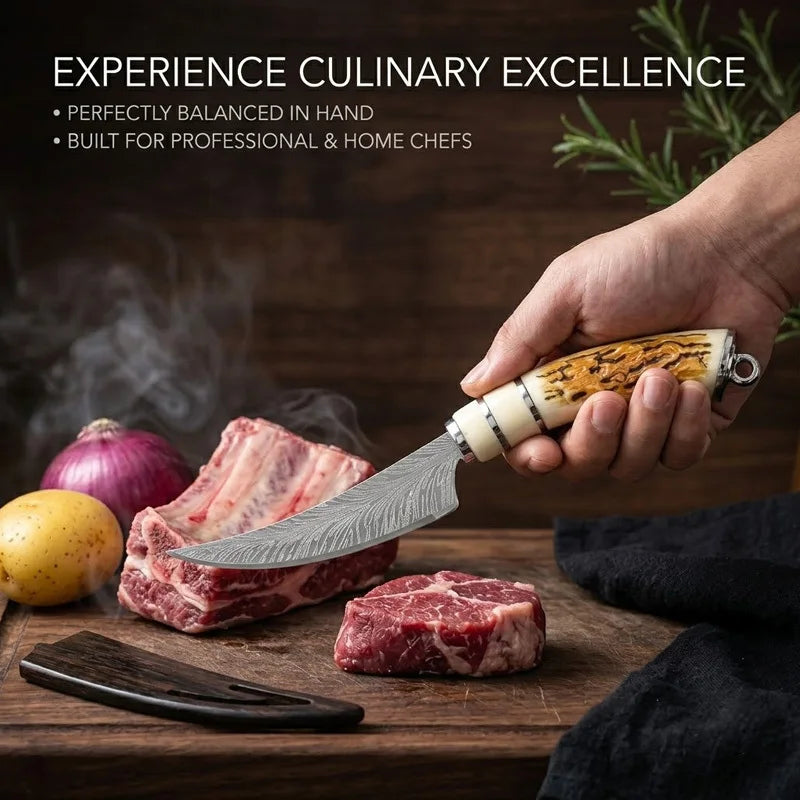 Damascus Feather Pattern Boning Knife with Sheath | Kitchen Knife Fixed Blade Kitchen Knife Axl