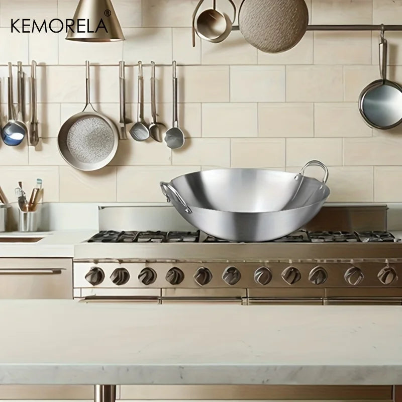 KEMORELA Stainless Steel Wok Uncoated 26–34cm | Double Handle Stainless Steel Wok Axl