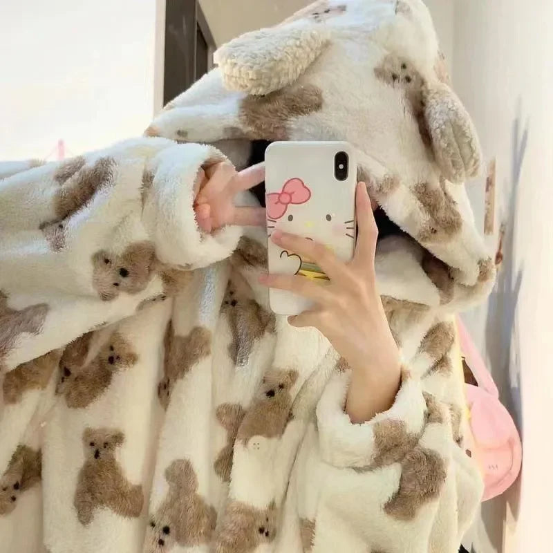 Women's Hooded Flannel Pyjama Set – Cute Bear Fluffy Robe Hooded Pyjama Set Axl