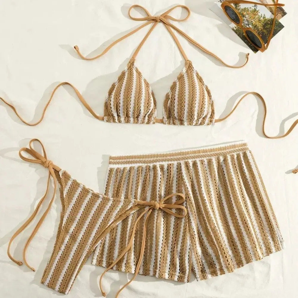 3-in-1 Striped Bikini Set – Lace-Up Deep-V Swimsuit for Women Bikini Swimwear Set Axl
