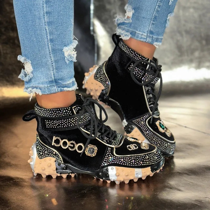 Women's Rhinestone High-Top Sneaker Boots | Thick Sole Lace-Up High-Top Sneaker Boots Axl