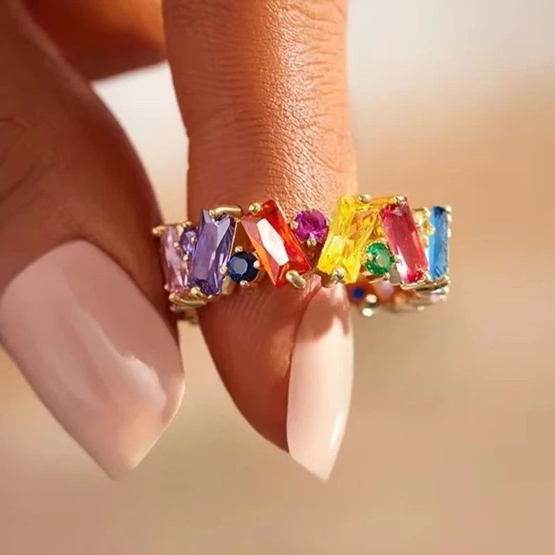 Huitan Rainbow CZ Ring – Dainty Geometric Women's Party Ring Fashion Ring Axl