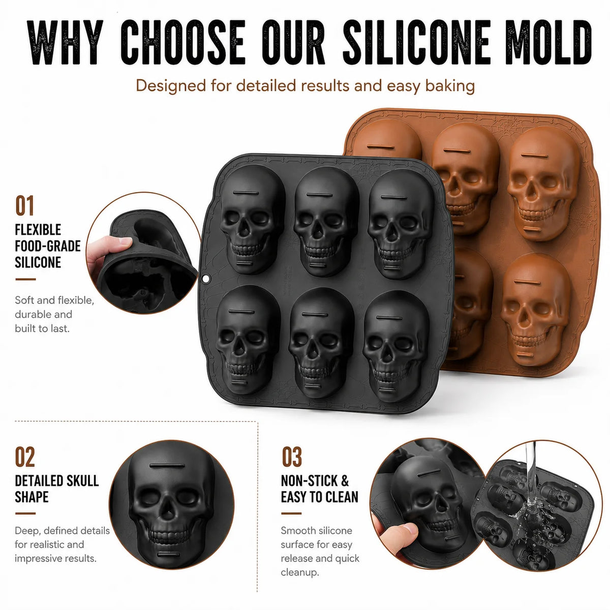6-Cavity Skull Silicone Baking Mold | Halloween Cake & Chocolate Pan Silicone Baking Mold Axl