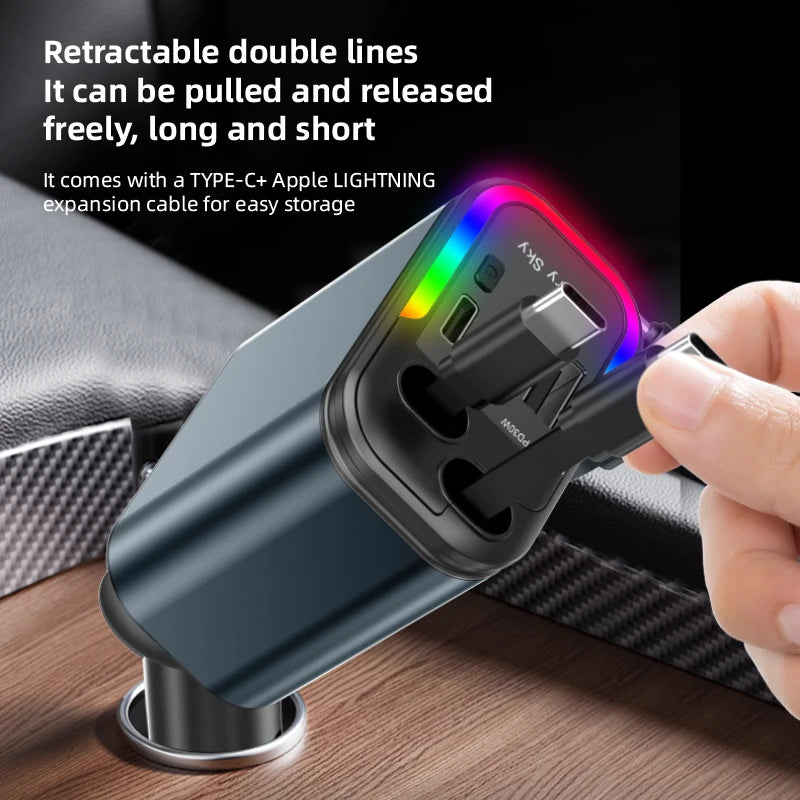 4-in-1 180W Fast Car Charger with 2 Retractable Cables Car Phone Charger Axl