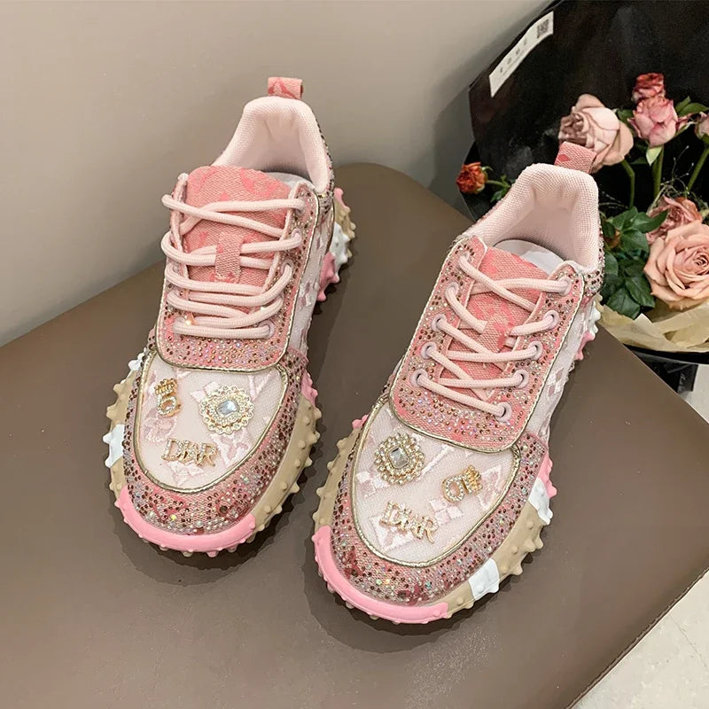 Women's Rhinestone Platform Sneakers | Luxury Lace-Up Shoes Platform Sneakers Axl Pink 38