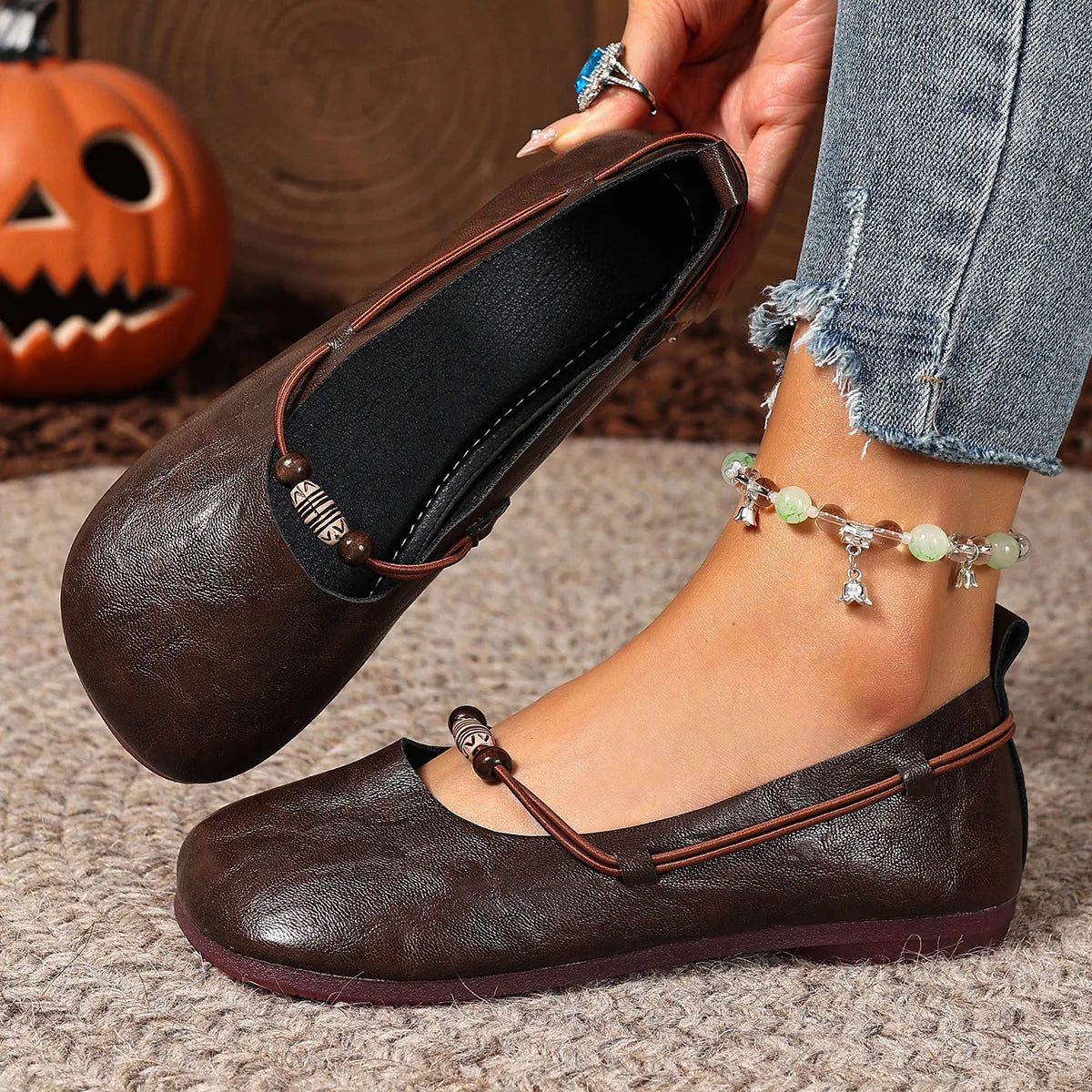Women's Retro Mary Jane Flats – Slip-On String Bead Loafers Mary Jane Flats Axl Dark Brown 37