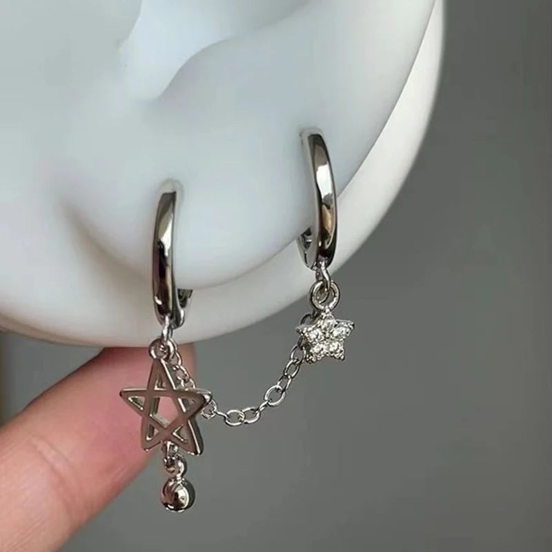 Silver Star Chain Double Ear Cuff Y2K Earrings for Women Fashion Earrings Axl