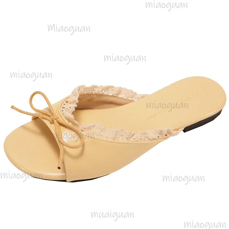 Bow Lace Women's Open Toe Flat Slide Sandals | Non-Slip Slippers Flat Slide Sandals Axl