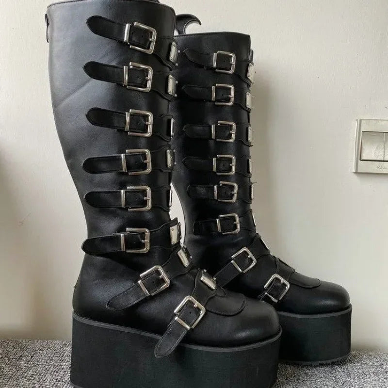 Women's Gothic Platform Wedge Mid-Calf Boots | Buckle Strap Platform Wedge Boots Axl