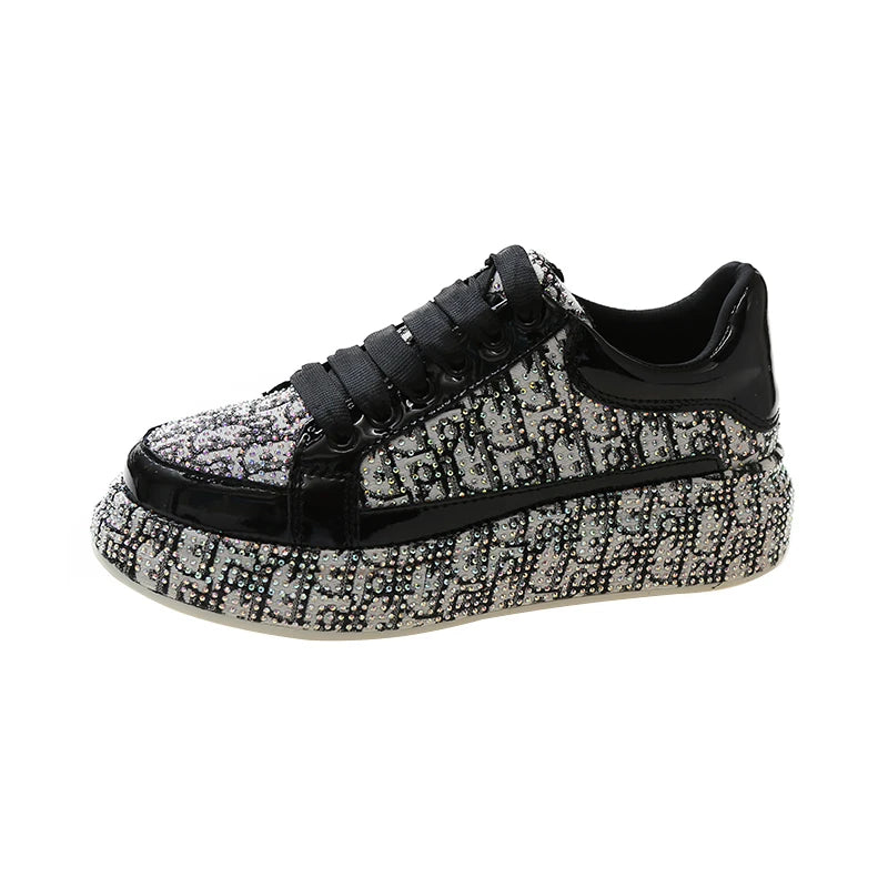 Women's Rhinestone Handmade Diamond Thick Sole Fashion Sneakers Fashion Sneakers Axl black 39