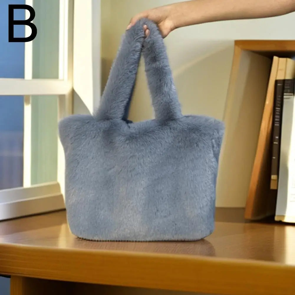 Soft Plush Tote Bag – Women's Stylish Shoulder Handbag Plush Tote Bag Axl Gray M