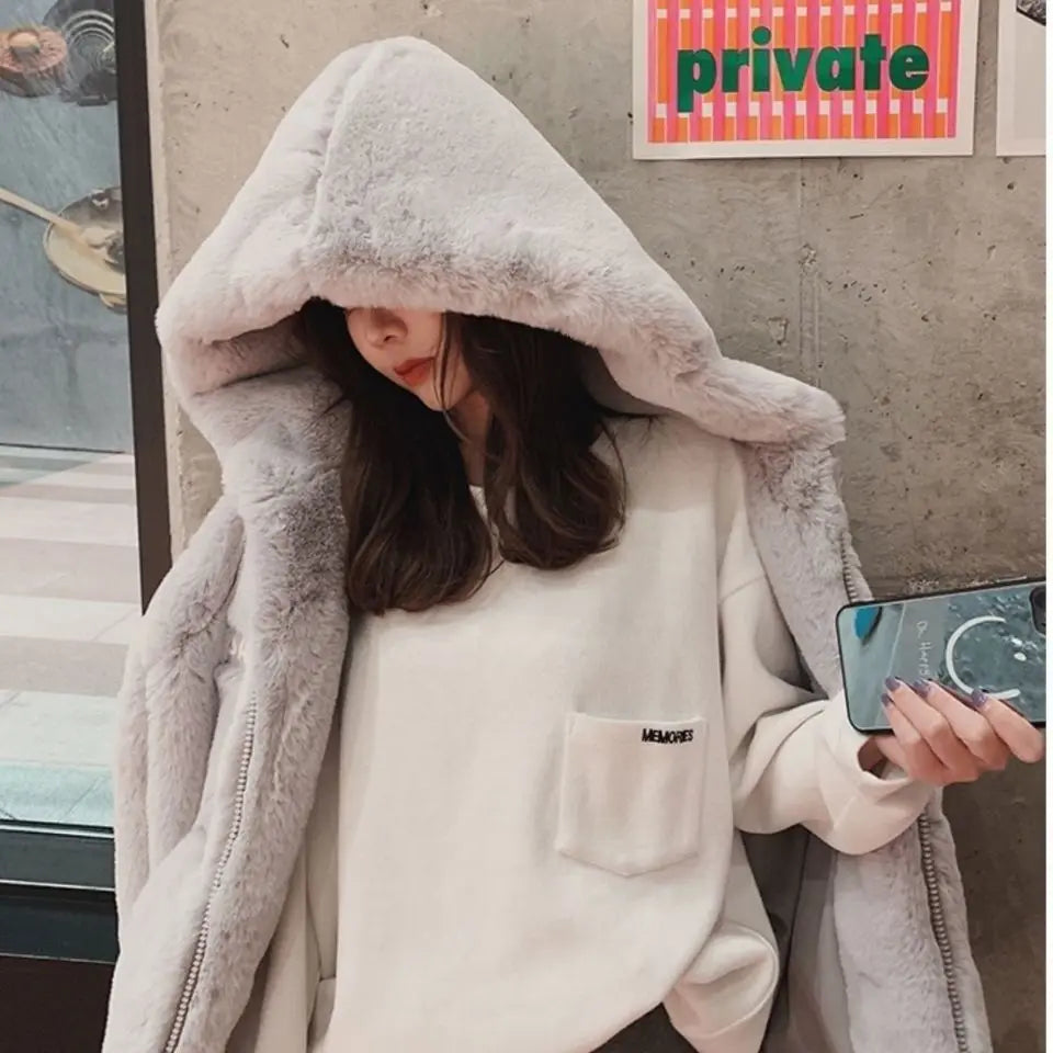 Women's Hooded Faux Fur Coat – Korean Style Plush Fleece Faux Fur Coat Axl