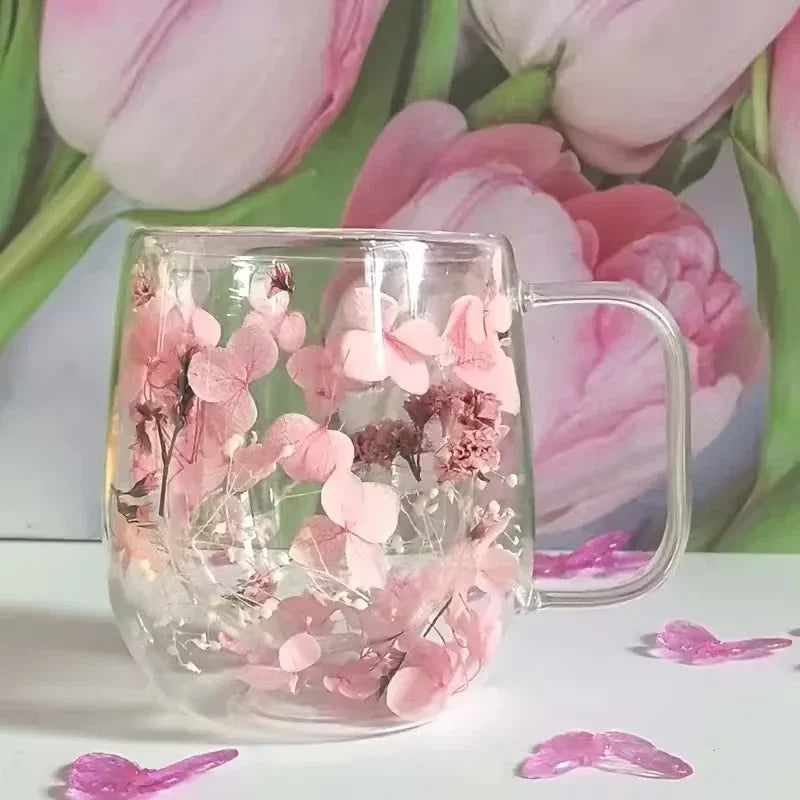 Double-Walled Glass Coffee Mug with Real Flower Design Glass Coffee Mug Axl