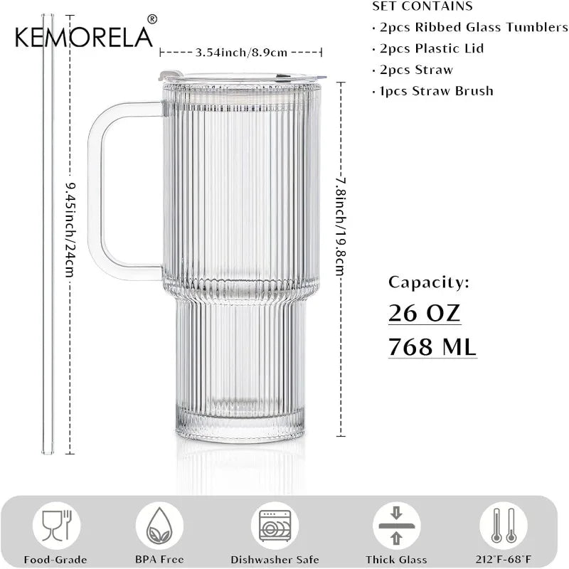 760ml Ribbed Glass Tumbler with Lid & Straw | KEMORELA Set Glass Tumbler Set Axl