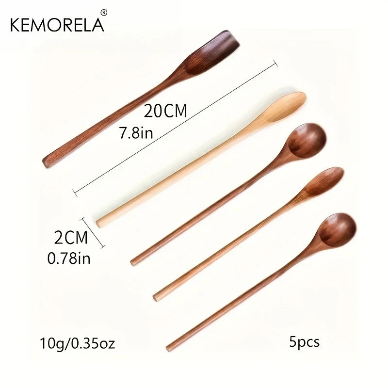 5-Pack Natural Wooden Dessert Spoons – 7.8" Long Handle Wooden Dessert Spoons Axl 5PCS