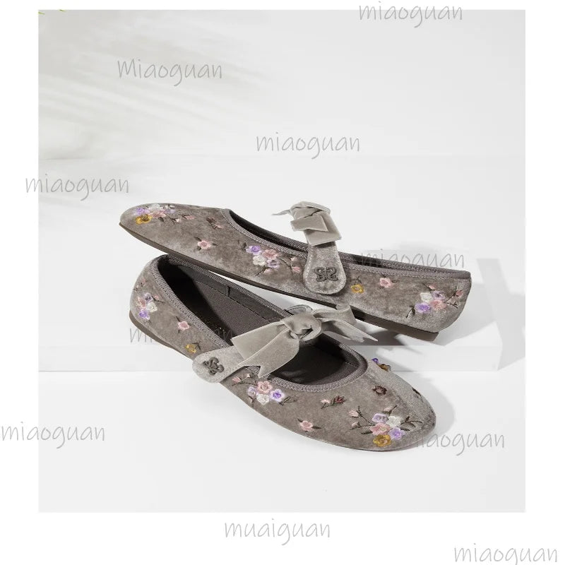 Flower Embroidered Velvet Ballet Flats – Women's Retro Loafers Women's Ballet Flats Axl