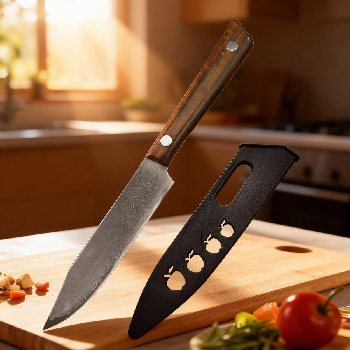 Forged Damascus Chef Knife – Wood Handle & Sleeve | 12cm Blade Damascus Chef Knife Axl