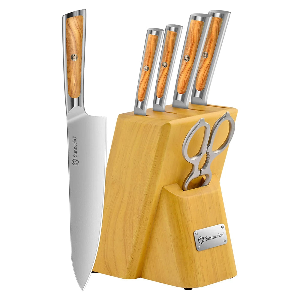Sunnecko 6-Piece Kitchen Knife Block Set – Olive Wood Handle Kitchen Knife Set Axl Yellow Block Set A China Mainland