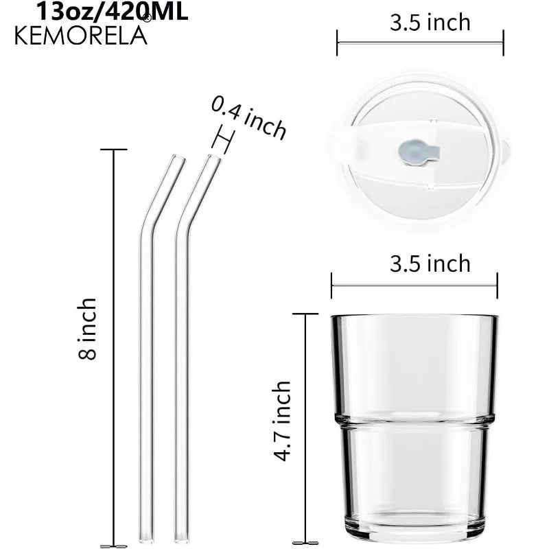 KEMORELA 420ml Glass Tumbler with Straw & Leak-Proof Lid Glass Tumbler Axl